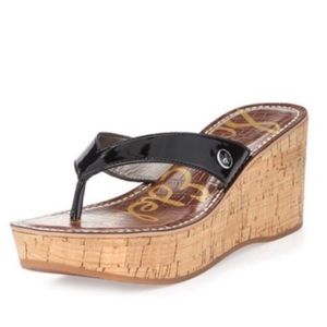Sam Edelman Romy Cork Wedge Platform Sandals Black Patent Leather Women’s Sz 9.5